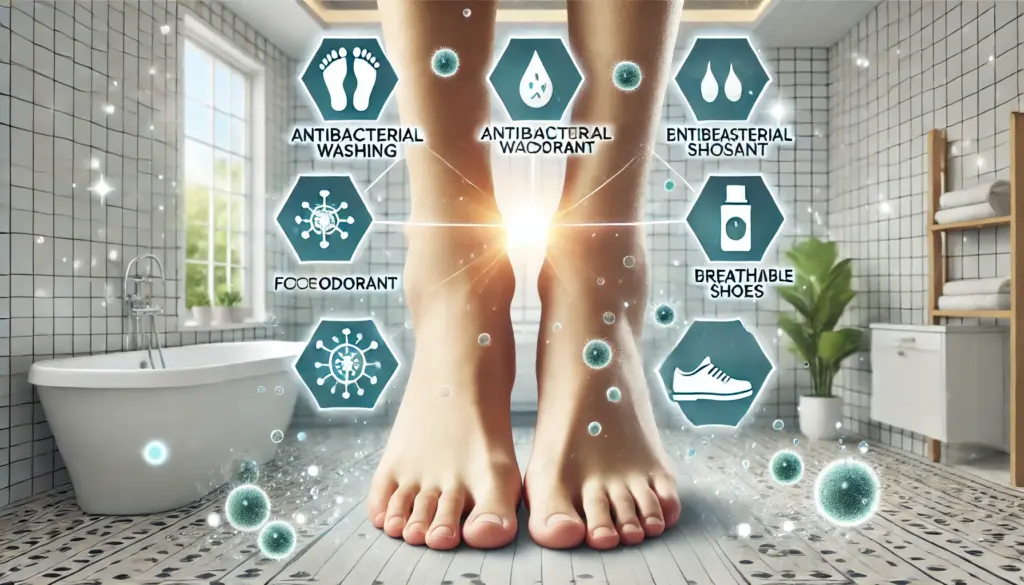 足のニオイがなぜ取れにくい?角質がカギになるケア方法TOP5 27 足のニオイ対策をまとめたイメージ。清潔で爽やかな足の周囲に、角質ケア、抗菌洗浄、足用デオドラント、通気性の良い靴、湿気管理のアイコンが浮かんでいる。背景は明るく清潔感のあるバスルーム。