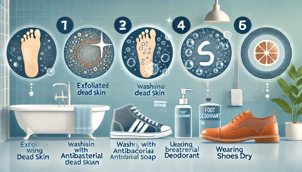 足のニオイがなぜ取れにくい?角質がカギになるケア方法TOP5 17 足のニオイを防ぐためのケア方法を表現したイメージ。角質ケア、抗菌石けんでの洗浄、足用デオドラントの使用、通気性の良い靴の選択、靴の湿気を取り除く方法の5つが示されている。背景は明るく清潔なバスルーム。
