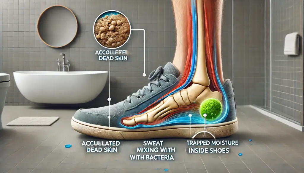 足のニオイがなぜ取れにくい?角質がカギになるケア方法TOP5 15 足のニオイの原因を表現したイメージ。足元のクローズアップとともに、角質の蓄積、汗と雑菌の繁殖、靴の中の湿気がこもる様子が視覚的に示されている。背景はシンプルなバスルーム。