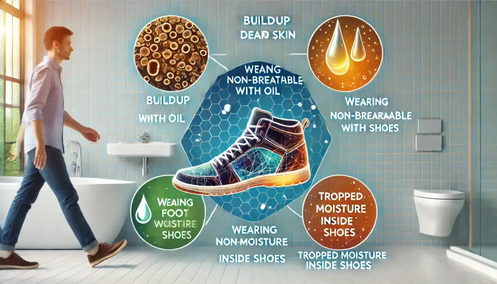 足のニオイがなぜ取れにくい?角質がカギになるケア方法TOP5 16 足のニオイの主な原因を表現したイメージ。角質の蓄積、汗と皮脂の混合、通気性の悪い靴、足の洗い残し、靴の湿気がこもる様子の5つの要因が示されている。背景は清潔なバスルームの床。
