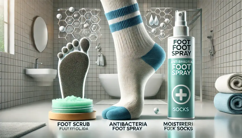 足のニオイがなぜ取れにくい?角質がカギになるケア方法TOP5 20 足のニオイを防ぐためのおすすめアイテムを表現したイメージ。角質ケア用のフットスクラブ&軽石、殺菌・消臭効果のあるフットスプレー、速乾&防臭効果のある靴下の3つが示されている。背景は清潔でモダンなバスルーム。